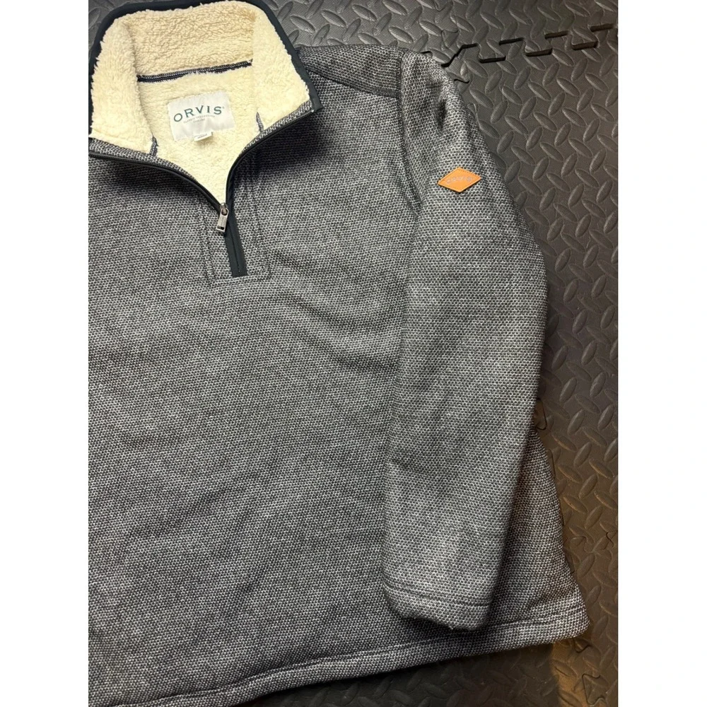 Orvis Mens XL Gray Sherpa Lined Quarter Zip Pullover Textured Knit Sweater